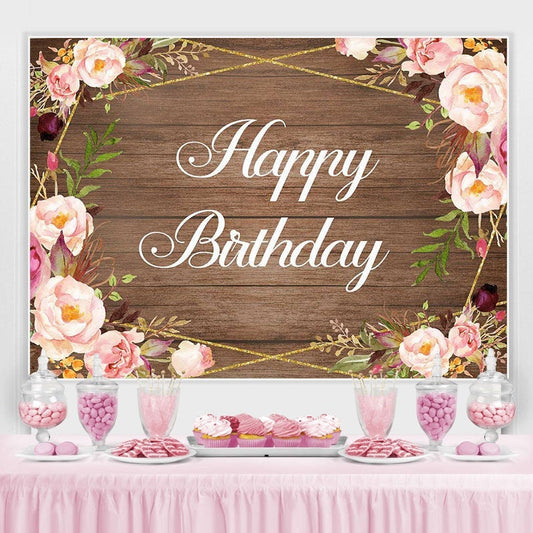 Lofaris Wood Pink Flowers Happy Birthday Backdrop for Women