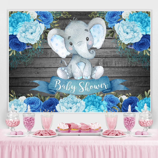 Lofaris Wooden Blue Floral Baby Elephent Shower Backdrop