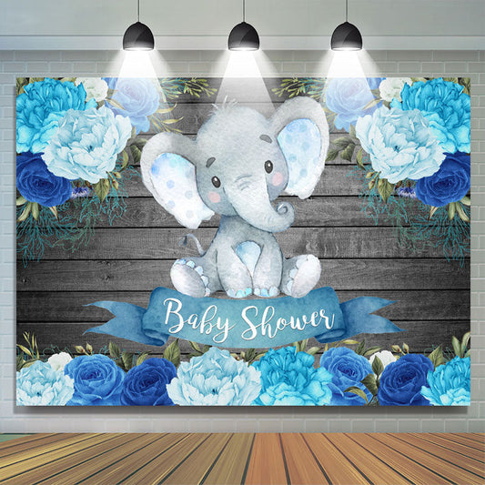 Lofaris Wooden Blue Floral Baby Elephent Shower Backdrop