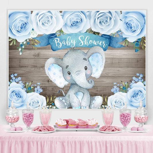 Lofaris Wooden Bule Roses Baby Elephant Shower Backdrop