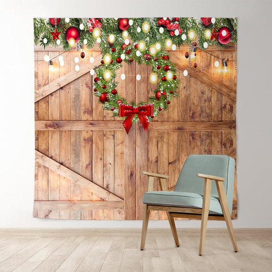 Lofaris Wooden Door With Christmas Wreath Light Holiday Backdrop