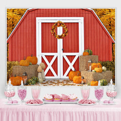 Lofaris Wooden Red House and Ripe Pumpkins Autumn Backdrop