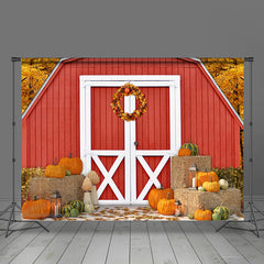Lofaris Wooden Red House and Ripe Pumpkins Autumn Backdrop