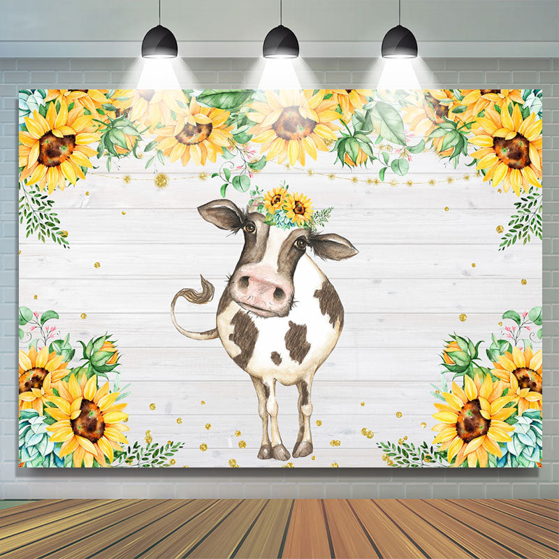 Lofaris Wooden Sunflower Cute Cow Animal Birthday Backdrop