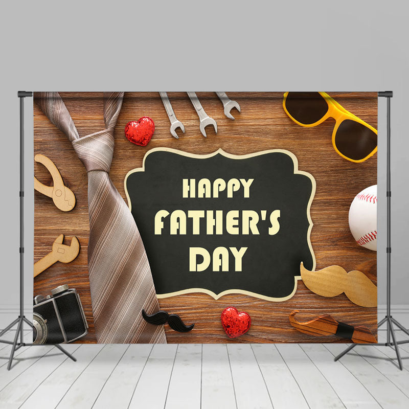 Lofaris Wooden Tie Glasses Heart Happy Fathers Day Backdrop for Party Decor