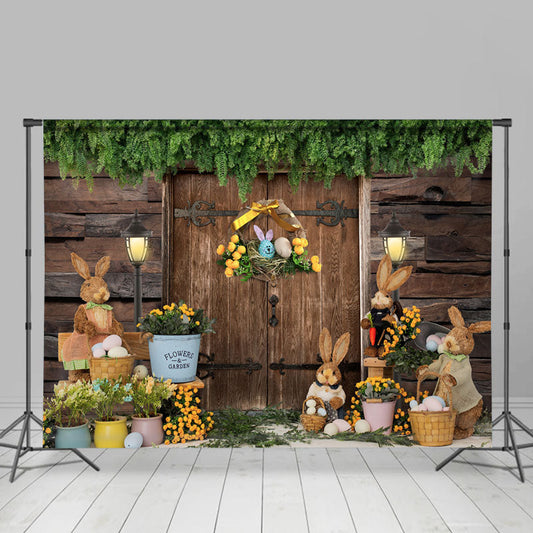 Lofaris Wooden Wall Gate Rabbits Easter Party Backdrop