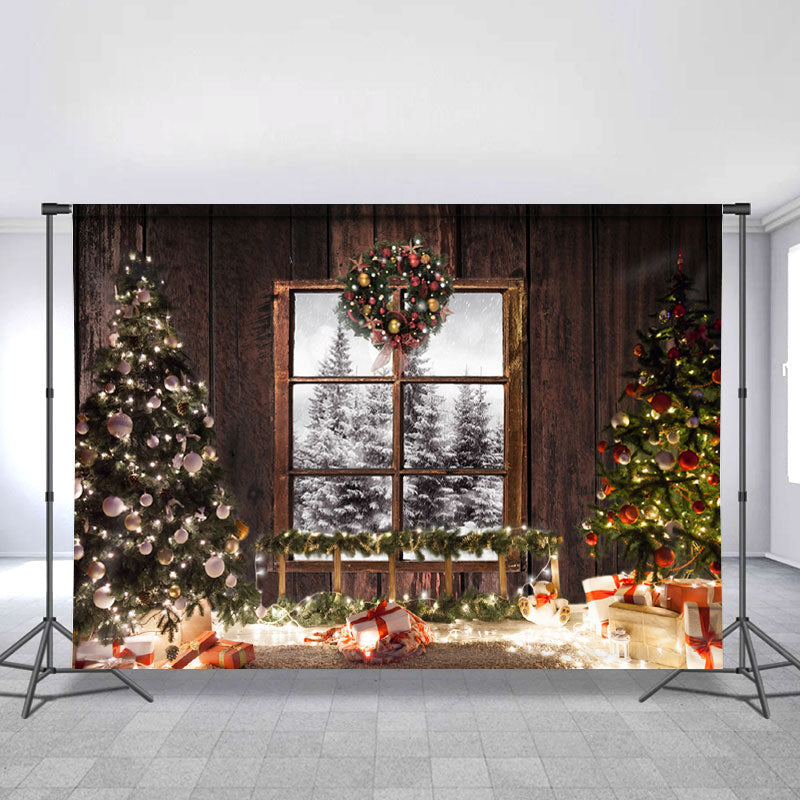 Lofaris Wooden Window Glitter Christmas Tree Party Backdrop