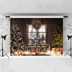 Lofaris Wooden Window Glitter Christmas Tree Party Backdrop