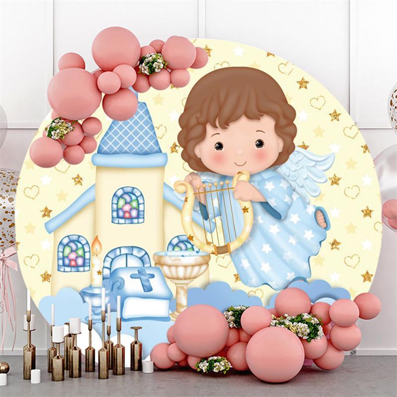 Lofaris Yellow And Blue Cute Angel Church Round Party Backdrops for Boy