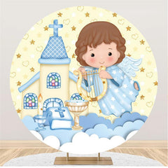 Lofaris Yellow And Blue Cute Angel Church Round Party Backdrops for Boy