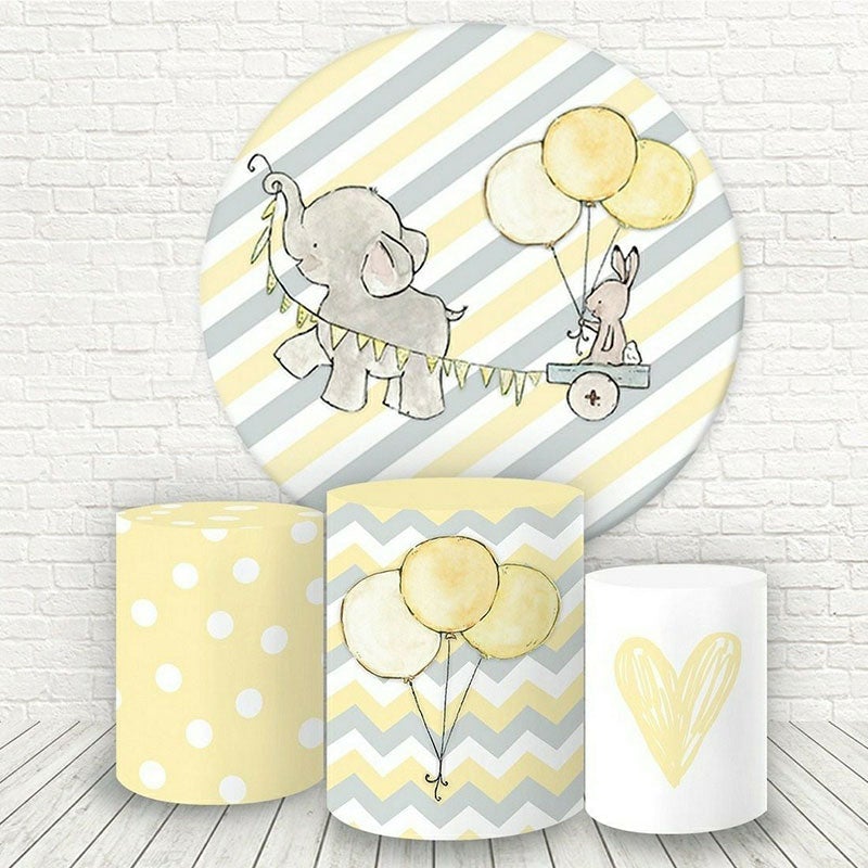 Lofaris Yellow And Grey Elephant Round Baby Shower Backdrop Kit