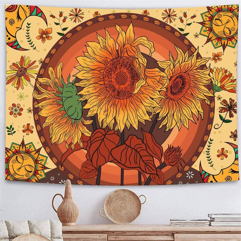 Lofaris Yellow And Red Sunflower Bohemian Pattern Wall Tapestry