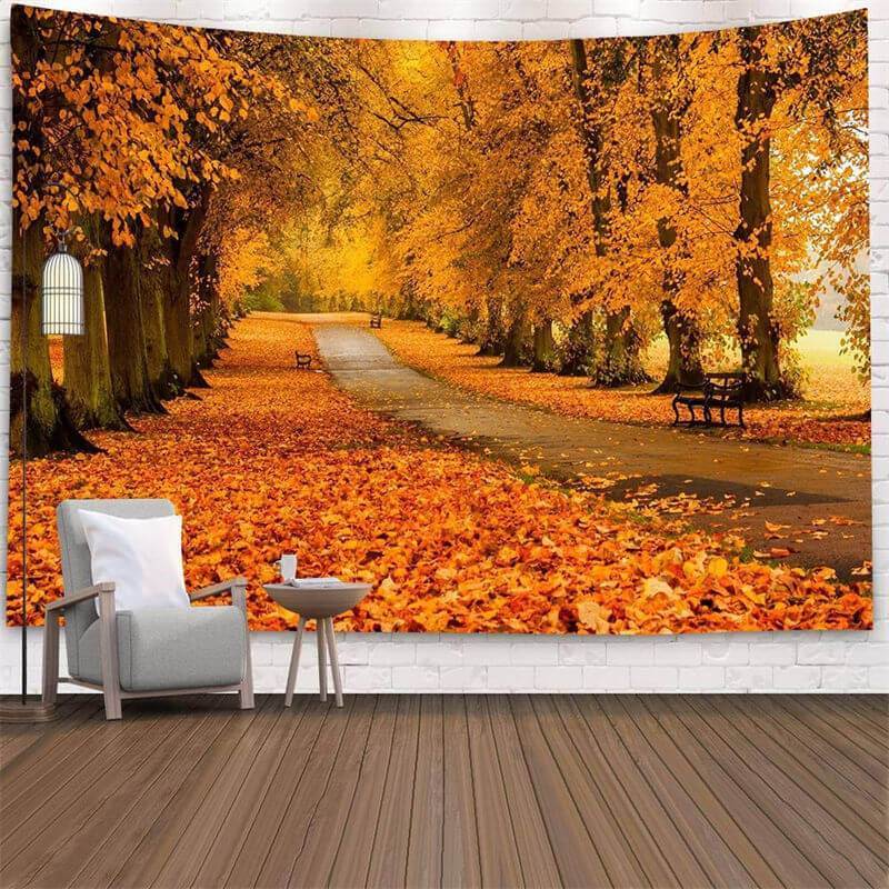 Lofaris Yellow Autumn Road Forest Pattern Family Wall Tapestry