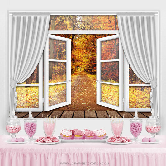 Lofaris Yellow Autumn With White Curtain And Window Backdrop