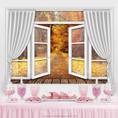Lofaris Yellow Autumn With White Curtain And Window Backdrop