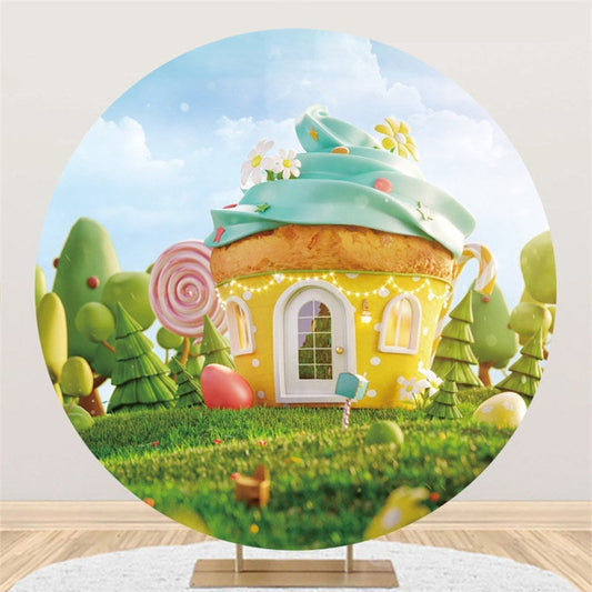Lofaris Yellow Cupcake House Forest Circle Birthday Backdrop