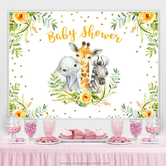 Lofaris Yellow Floral Green Leaf Animals Baby Shower Backdrop