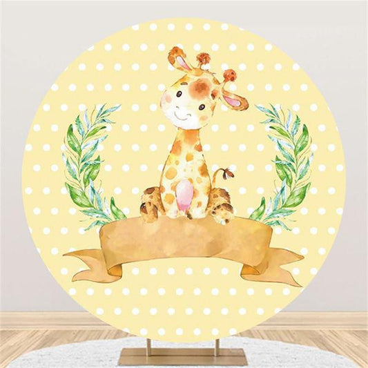 Lofaris Yellow Giraffe And Green Plants Round Birthday Backdrop