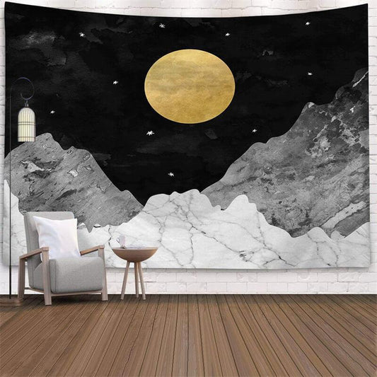 Lofaris Yellow Moon Black And White Landscape Wall Tapestry