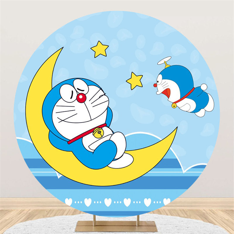 Lofaris Yellow Moon Star Round Blue Cartoon Cat Birthday Backdrop