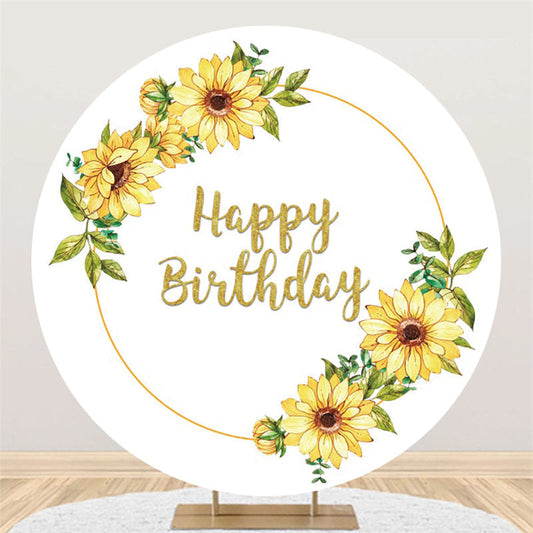 Lofaris Yellow Sunflower White Happy Birthday Round Backdrop