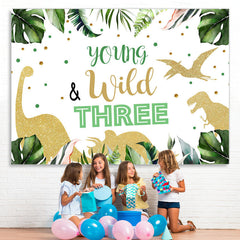 Lofaris Young Wild Three Dinosaur Green Backdrop for Birthday
