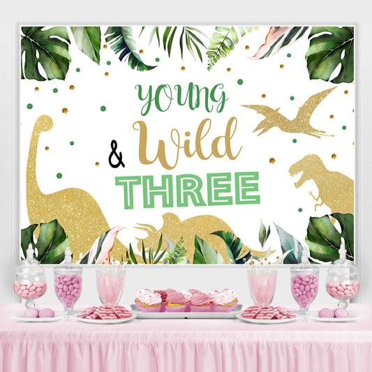 Lofaris Young Wild Three Dinosaur Green Backdrop for Birthday